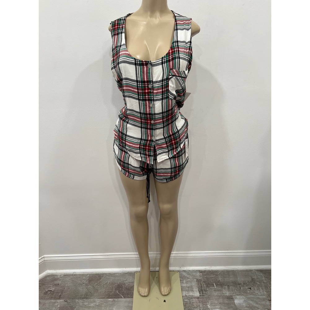 Plush Pajama Set Womens Small White Red Green Plaid Holiday Sleepwear Shorts NWT